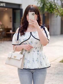 Bijouette Plus Floral Print Contrast Knot Cold Shoulder Cold Shoulder Shirred Waist Peplum Top - Blue and White - View 6