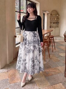 Bijouette Limited Edition Plus Size Black & White Patchwork Ink Print Chiffon Dress, French Elegant Patchwork Design, Black Slim Fit Elastic Fabric Top, Ink Floral Print Bottom, Perfect Belly Coverage And Slimming, Suitable For Pear And Apple Body Shapes, Full Size Range, No Tightness, Adjustable Back Design, Fashionable And Slimming For All Body Types - Black and White - View 7