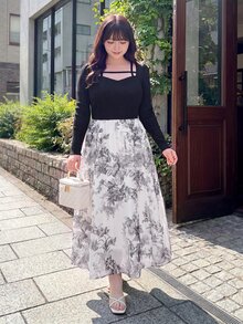 Bijouette Limited Edition Plus Size Black & White Patchwork Ink Print Chiffon Dress, French Elegant Patchwork Design, Black Slim Fit Elastic Fabric Top, Ink Floral Print Bottom, Perfect Belly Coverage And Slimming, Suitable For Pear And Apple Body Shapes, Full Size Range, No Tightness, Adjustable Back Design, Fashionable And Slimming For All Body Types - Black and White - View 6