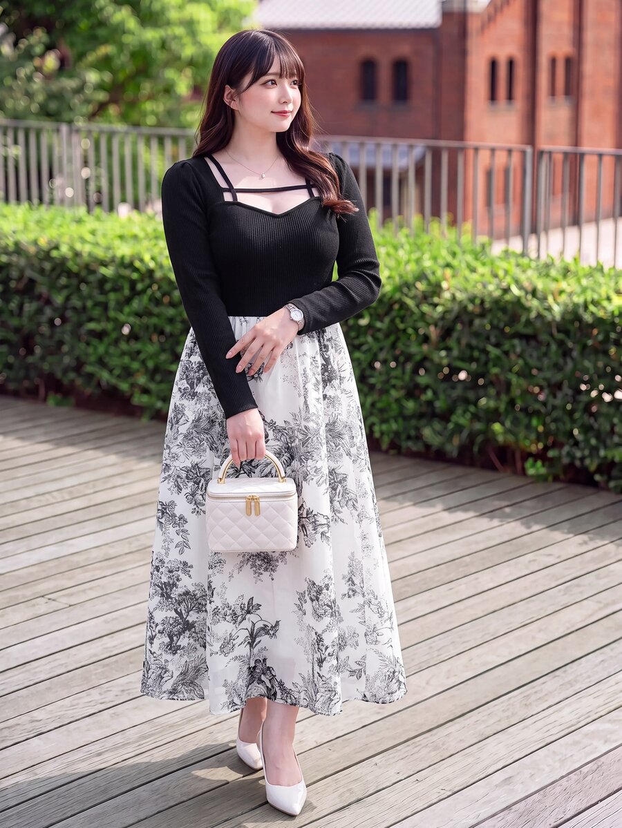 Bijouette Limited Edition Plus Size Black & White Patchwork Ink Print Chiffon Dress, French Elegant Patchwork Design, Black Slim Fit Elastic Fabric Top, Ink Floral Print Bottom, Perfect Belly Coverage And Slimming, Suitable For Pear And Apple Body Shapes, Full Size Range, No Tightness, Adjustable Back Design, Fashionable And Slimming For All Body Types - Black and White - View 1