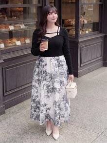 Bijouette Limited Edition Plus Size Black & White Patchwork Ink Print Chiffon Dress, French Elegant Patchwork Design, Black Slim Fit Elastic Fabric Top, Ink Floral Print Bottom, Perfect Belly Coverage And Slimming, Suitable For Pear And Apple Body Shapes, Full Size Range, No Tightness, Adjustable Back Design, Fashionable And Slimming For All Body Types - Black and White - View 5
