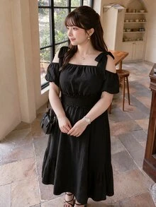 Bijouette 大尺碼黑色露肩抓皺洋裝 方領泡泡袖 高腰 A 字長裙 度假約會之夜 秋季優雅風 - 黑色 - 查看 3