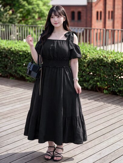 Bijouette Plus Size Black Cold-Shoulder Shirred Dress With Square Neckline + Detachable Black Bow Decor + Puff Sleeves + High Waist Shirred Waist + Full A-Line Skirt, Perfect For Hiding Belly And Hips, Flattering For Pear And Apple Body Shapes, All Sizes Friendly, No Tightness