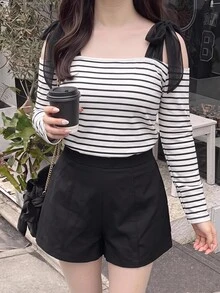 Bijouette Atasan Rajut Leher Persegi Bergaris Ukuran Plus Elastis Kasual Elegan Mode Musim Gugur, Lapisan Dasar Lengan Panjang Pas Ramping dengan Pita Jala dan Bahu Terbuka - Hitam dan Putih - View 10