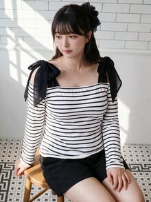 Bijouette Atasan Rajut Leher Persegi Bergaris Ukuran Plus Elastis Kasual Elegan Mode Musim Gugur, Lapisan Dasar Lengan Panjang Pas Ramping dengan Pita Jala dan Bahu Terbuka - Hitam dan Putih - View 5