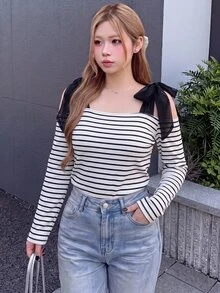 Bijouette Atasan Rajut Leher Persegi Bergaris Ukuran Plus Elastis Kasual Elegan Mode Musim Gugur, Lapisan Dasar Lengan Panjang Pas Ramping dengan Pita Jala dan Bahu Terbuka - Hitam dan Putih - View 11