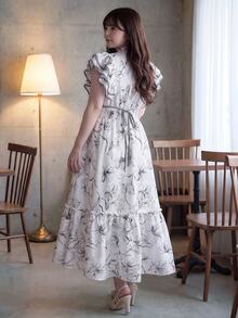 Bijouette Plus Floral Print Ruffle Trim Dress - Black and White - View 2