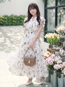 Bijouette Plus Floral Print Ruffle Trim Dress - Black and White - View 5