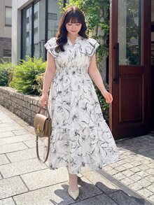 Bijouette Plus Floral Print Ruffle Trim Dress - Black and White - View 3