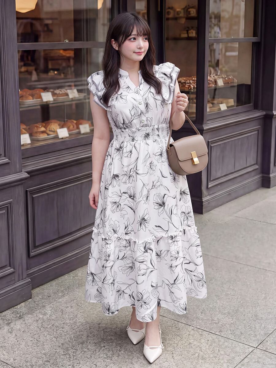 Bijouette Plus Floral Print Ruffle Trim Dress - Black and White - View 1