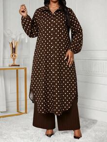 SHEIN Lady Plus Size Women's Polka Dot Long Sleeve Top And Long Casual Daily 2 Pieces Set Fall - Multicolor - View 6