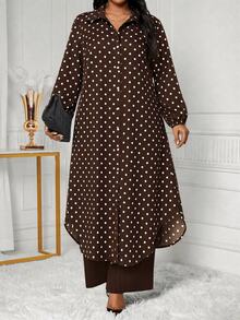 SHEIN Lady Plus Size Women's Polka Dot Long Sleeve Top And Long Casual Daily 2 Pieces Set Fall - Multicolor - View 5