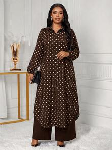 SHEIN Lady Plus Size Women's Polka Dot Long Sleeve Top And Long Casual Daily 2 Pieces Set Fall - Multicolor - View 4