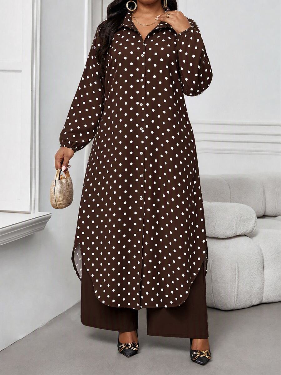 SHEIN Lady Plus Size Women's Polka Dot Long Sleeve Top And Long Casual Daily 2 Pieces Set Fall - Multicolor - View 1