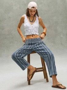 Bohemela 女款休閒夏威夷編織條紋長褲 度假海灘藍白條紋款 秋季 - 藍色 - 查看 7