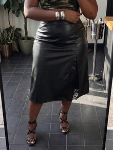 Slaydiva Plus Contrast Lace PU Leather Skirt Fall - Black - View 2