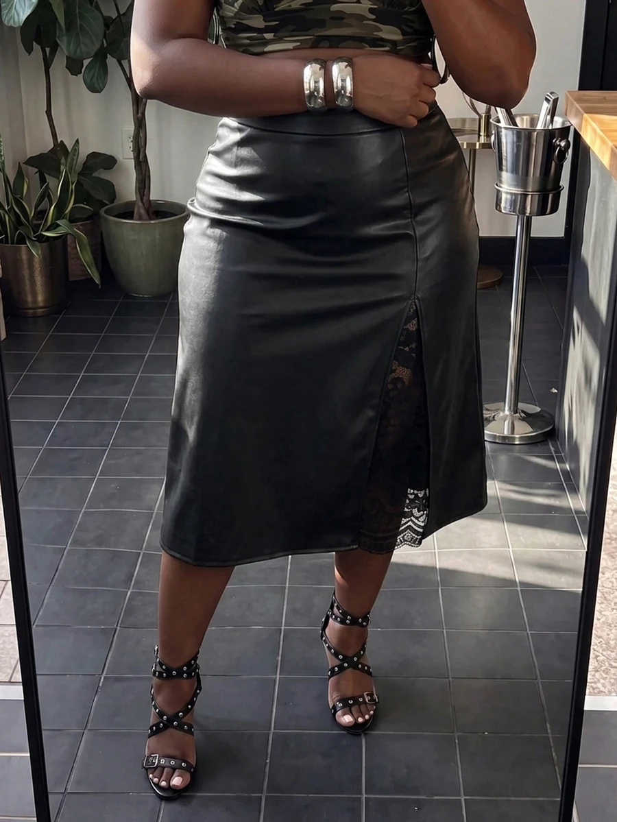 Slaydiva Plus Contrast Lace PU Leather Skirt Fall