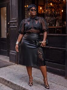 Slaydiva Plus Contrast Lace PU Leather Skirt Fall - Black - View 6