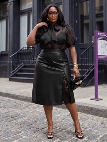 Slaydiva Plus Contrast Lace PU Leather Skirt Fall - Black - View 8