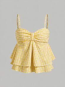 Girlism TEENGIRL Summer White Sweet Pleated Ruffle Trim Camisole Top,Summer Crop Tops Vacation Cute - Yellow - View 3