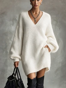SHEIN New Spring Fall Coquette Plush Texture V Neck Sweater Mini Dress Women Drop Shoulder Balloon Cuff Sleeve - White - View 1
