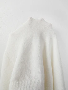 SHEIN New Spring Fall Coquette Plush Texture V Neck Sweater Mini Dress Women Drop Shoulder Balloon Cuff Sleeve - White - View 7