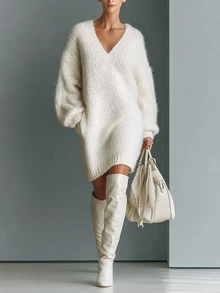 SHEIN New Spring Fall Coquette Plush Texture V Neck Sweater Mini Dress Women Drop Shoulder Balloon Cuff Sleeve - White - View 3