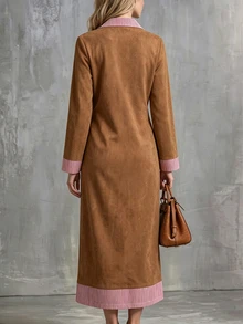 SHEIN Women's Fashion Striped Colorblock Pocket Long Sleeve Dress - Brown - View 2