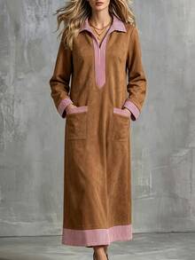 SHEIN Women's Fashion Striped Colorblock Pocket Long Sleeve Dress - Brown - View 4