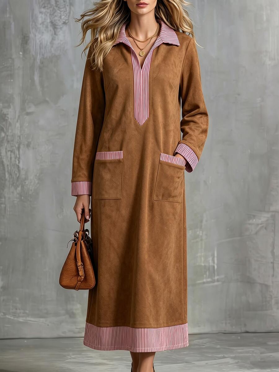 SHEIN Women's Fashion Striped Colorblock Pocket Long Sleeve Dress - Brown - View 1