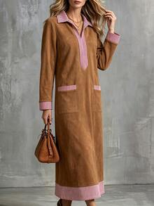 SHEIN Women's Fashion Striped Colorblock Pocket Long Sleeve Dress - Brown - View 3