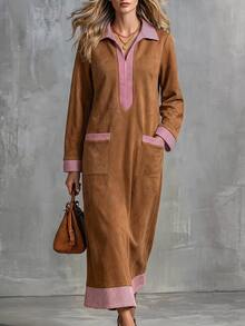 SHEIN Women's Fashion Striped Colorblock Pocket Long Sleeve Dress - Brown - View 5