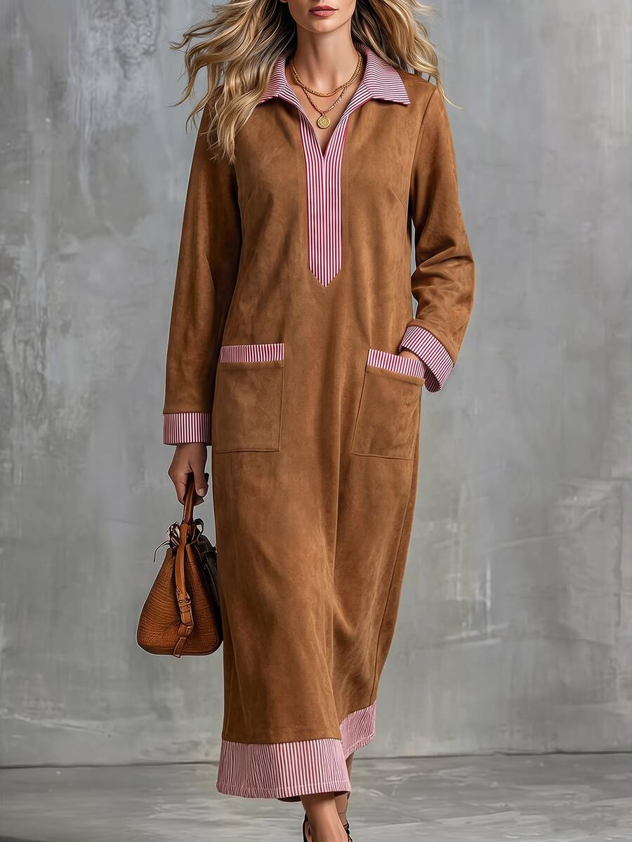 SHEIN 女款時尚條紋拼色口袋長袖洋裝 - 棕色 - 查看 1