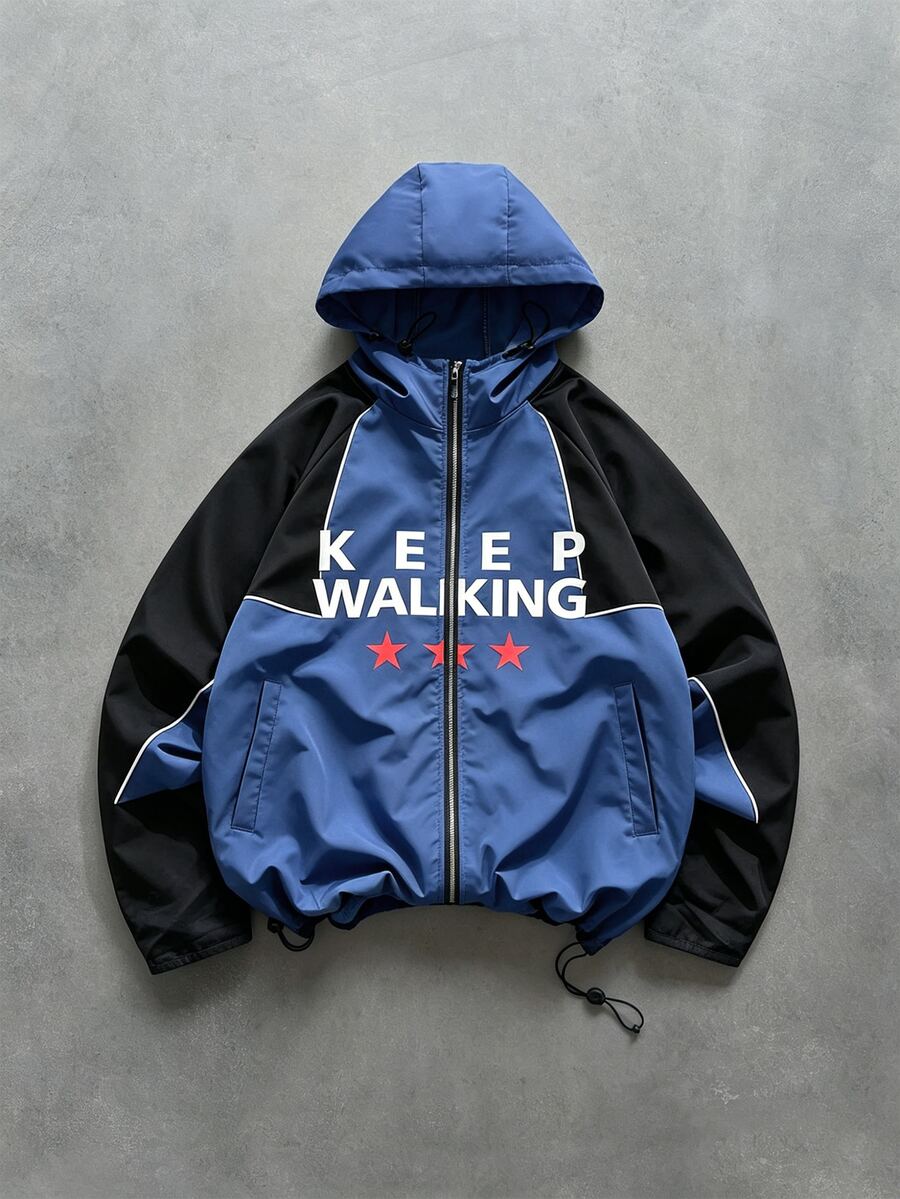 ROMWE MEN Men's Colorblock Patchwork Hooded Loose Fit Jacket - Blue - View 1