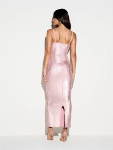 KIZN Gaun Pesta Malam Bodycon Midaxi Satin Kerut Metalik dengan Korset, Leher V, Tali Bahu Tipis, dan Belahan Belakang - Berwarna merah muda - View 3