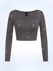 Y2Kool BiGraphic Black Rhinestone Embellished Y2K Streetwear Cropped Long Sleeve Top, Suitable For Autumn/Winter Parties, Gatherings And Daily Wear Glittery Crop Top Bling Crop Top Black Rave Crop Top Black Sparkly Crop Top Stylish Collection New Year Black Rhinestone Top Black Rave Top Glittery Top Black Sparkly Top Bling Top Gyaru Graphic Tops Spring Women Birthday For Women Carnival Women's Long Sleeves Tops Sparkle Top,Clubwear - Dark Grey - View 1