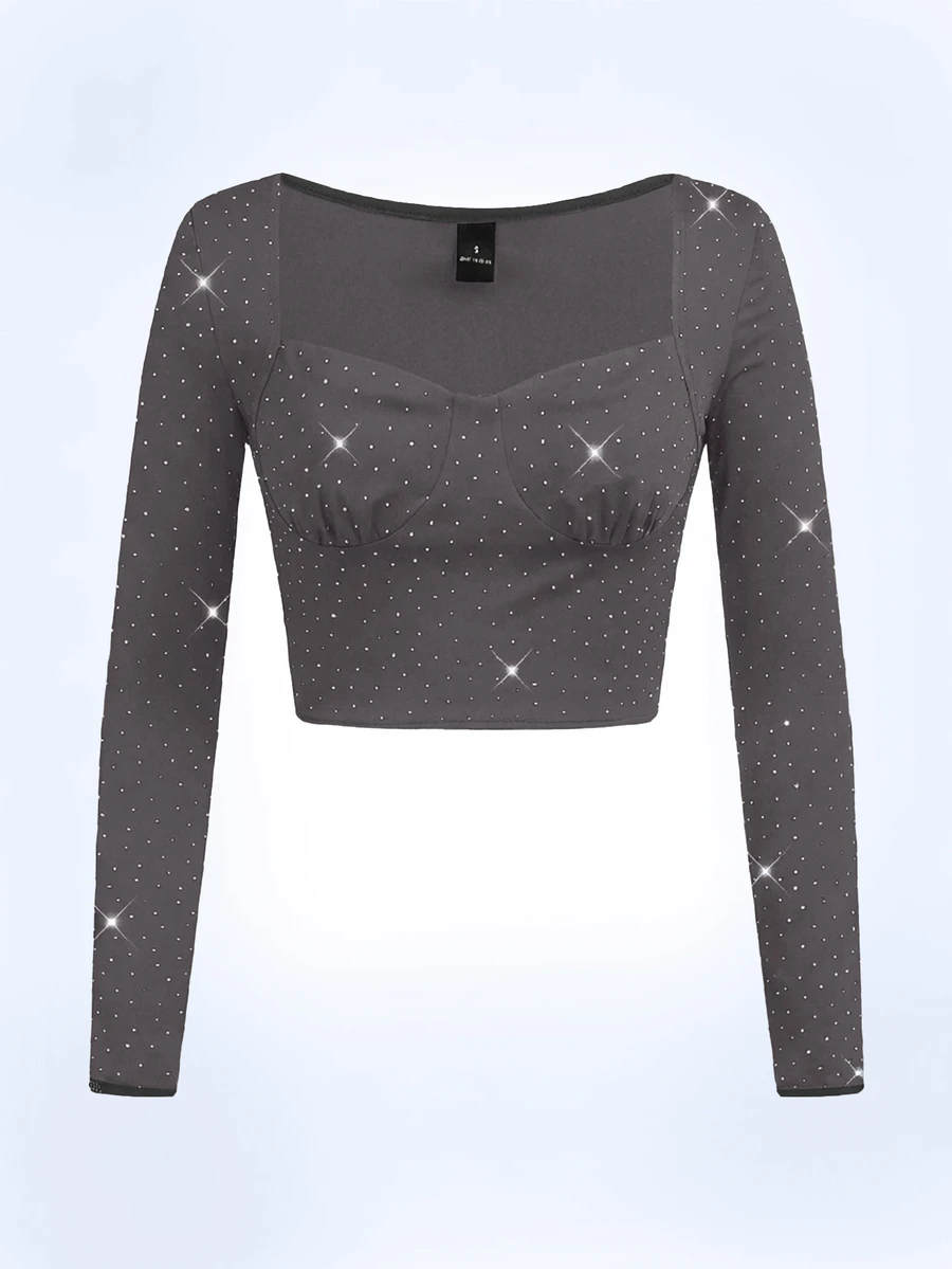 Y2Kool BiGraphic Black Rhinestone Embellished Y2K Streetwear Cropped Long Sleeve Top, Suitable For Autumn/Winter Parties, Gatherings And Daily Wear Glittery Crop Top Bling Crop Top Black Rave Crop Top Black Sparkly Crop Top Stylish Collection New Year Black Rhinestone Top Black Rave Top Glittery Top Black Sparkly Top Bling Top Gyaru Graphic Tops Spring Women Birthday For Women Carnival Women's Long Sleeves Tops Sparkle Top,Clubwear - Dark Grey - View 1
