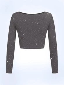 Y2Kool BiGraphic Black Rhinestone Embellished Y2K Streetwear Cropped Long Sleeve Top, Suitable For Autumn/Winter Parties, Gatherings And Daily Wear Glittery Crop Top Bling Crop Top Black Rave Crop Top Black Sparkly Crop Top Stylish Collection New Year Black Rhinestone Top Black Rave Top Glittery Top Black Sparkly Top Bling Top Gyaru Graphic Tops Spring Women Birthday For Women Carnival Women's Long Sleeves Tops Sparkle Top,Clubwear - Dark Grey - View 4