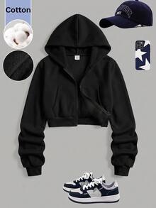 SHEIN 少女寬鬆休閒基本款極簡舒適街頭風連帽修身前短後長長袖冬季外套 白色 秋季 - 黑色 - 查看 7