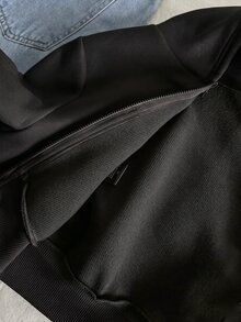 SHEIN 少女寬鬆休閒基本款極簡舒適街頭風連帽修身前短後長長袖冬季外套 白色 秋季 - 黑色 - 查看 5
