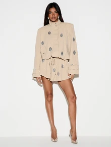 KIZN Mini Flare Shorts With Rhinestone Embellishments And Drawstring Waist Summer Festival Holiday Party Skort - Khaki - View 7
