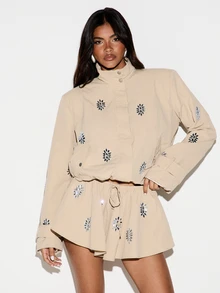 KIZN Mini Flare Shorts With Rhinestone Embellishments And Drawstring Waist Summer Festival Holiday Party Skort - Khaki - View 8