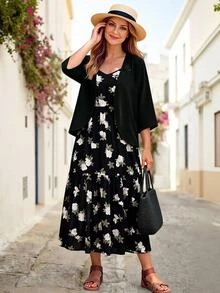 Rosumi Plus Size Women's Solid Color Long Sleeve Open Front Robe And Floral Print Camisole Dress 2-Piece Set Wedding Guest Black Casual Formal Elegant - Black - View 3