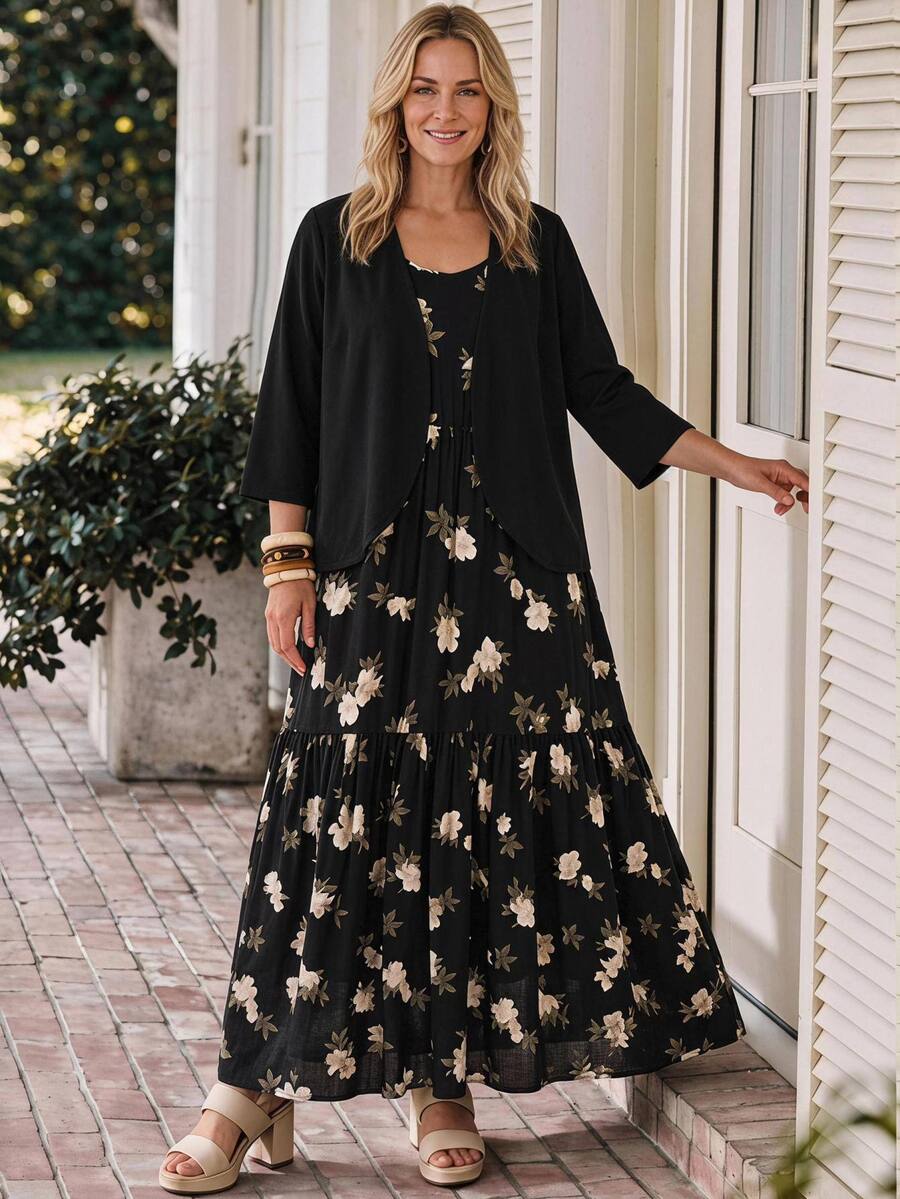 Rosumi Plus Size Women's Solid Color Long Sleeve Open Front Robe And Floral Print Camisole Dress 2-Piece Set Wedding Guest Black Casual Formal Elegant - Black - View 1