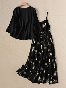 Rosumi Plus Size Women's Solid Color Long Sleeve Open Front Robe And Floral Print Camisole Dress 2-Piece Set Wedding Guest Black Casual Formal Elegant - Black - View 4