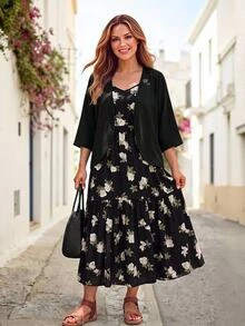 Rosumi Plus Size Women's Solid Color Long Sleeve Open Front Robe And Floral Print Camisole Dress 2-Piece Set Wedding Guest Black Casual Formal Elegant - Black - View 2