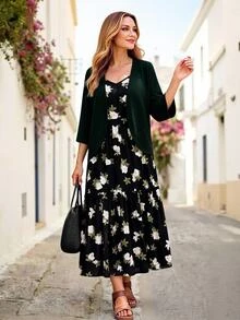 Rosumi Plus Size Women's Solid Color Long Sleeve Open Front Robe And Floral Print Camisole Dress 2-Piece Set Wedding Guest Black Casual Formal Elegant - Black - View 5