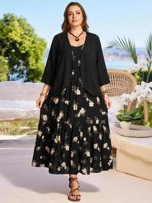 Rosumi Plus Size Women's Solid Color Long Sleeve Open Front Robe And Floral Print Camisole Dress 2-Piece Set Wedding Guest Black Casual Formal Elegant - Black - View 6