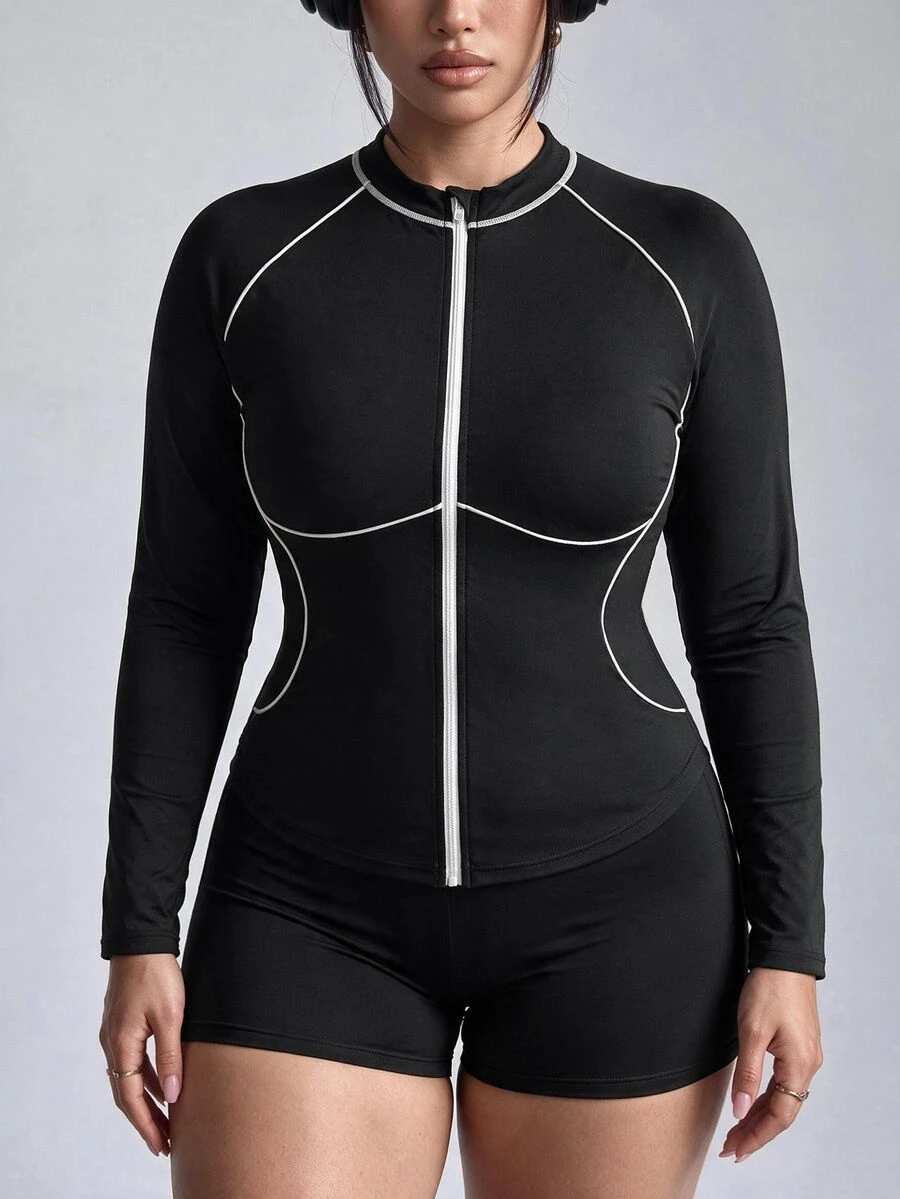 Velisys Velisys Women's Plus Size Colorblock Zipper Casual Daily Travel Sports Jacket - Black and White - View 1