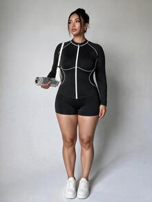 Velisys Velisys Women's Plus Size Colorblock Zipper Casual Daily Travel Sports Jacket - Black and White - View 2